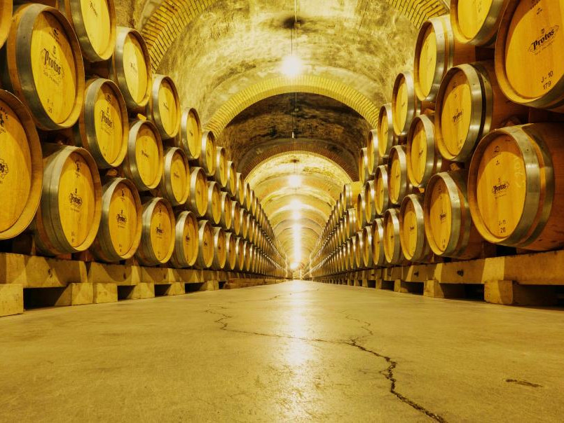 Tonneaux entreposés dans une salle en pierre le long des murs